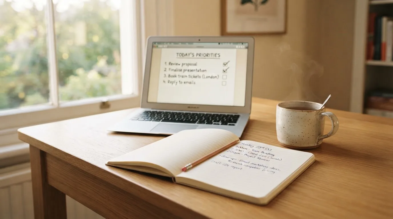 A tidy desk with a notebook, a mug of tea and a laptop open to a checklist, morning light through a window.