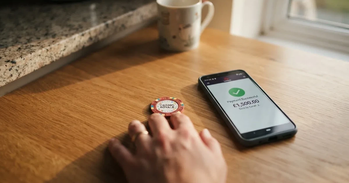 A hand places a £1 coin next to a smartphone showing a bank transfer confirmation screen on a kitchen table.