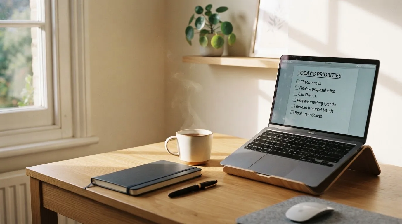 A tidy desk with a notebook, a mug of tea and a laptop open to a checklist, morning light through a window.
