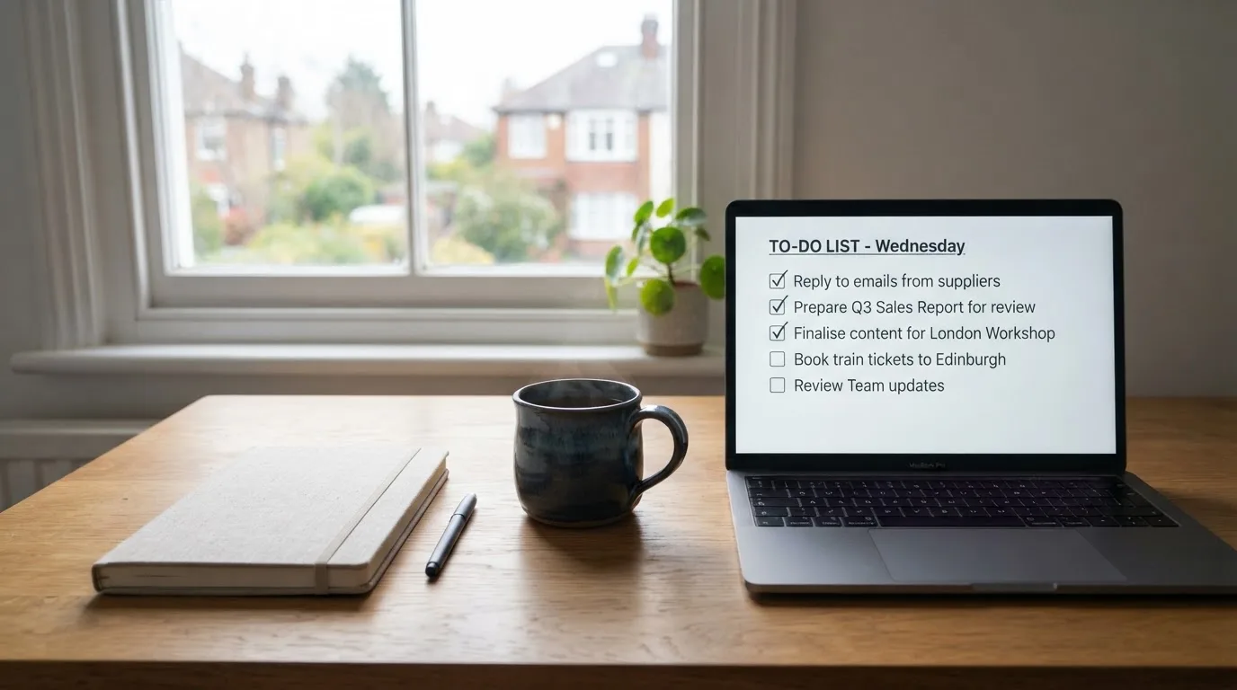 A tidy desk with a notebook, a mug of tea and a laptop open to a checklist, morning light through a window.