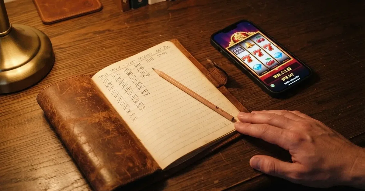 A notepad with a tally of spin counts rests beside a smartphone displaying a slot-reel icon on a desk.