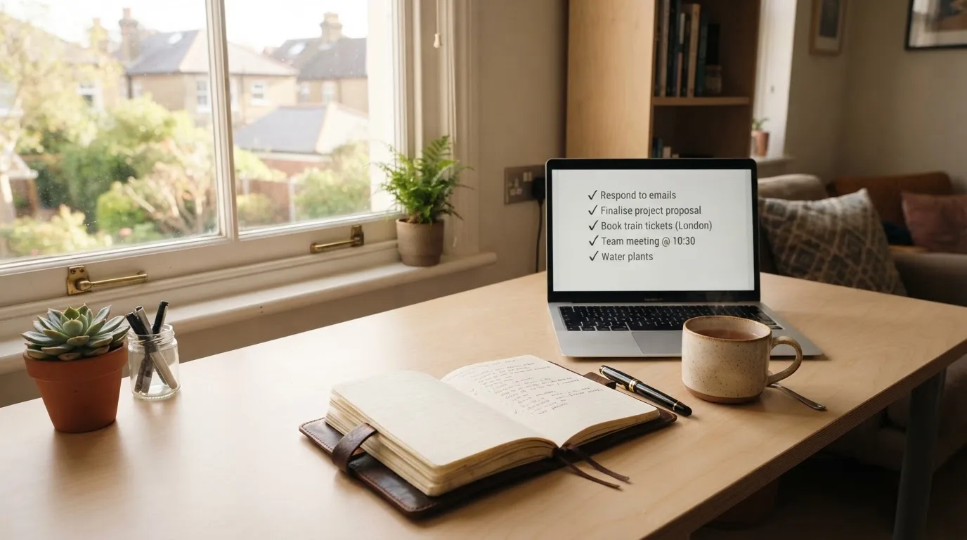 A tidy desk with a notebook, a mug of tea and a laptop open to a checklist, morning light through a window.