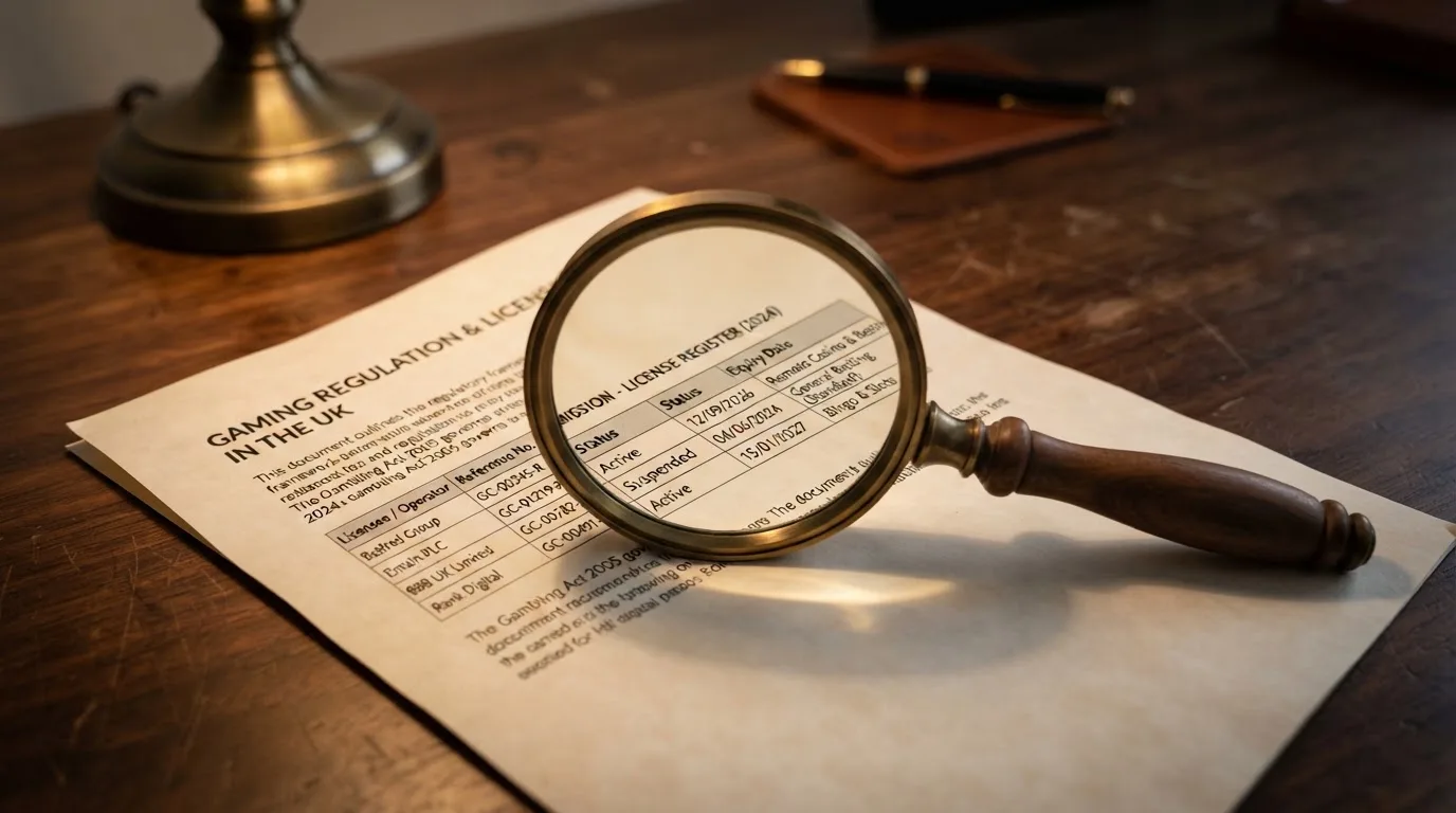 A magnifying glass rests over a printed regulatory certificate on a wooden desk.
