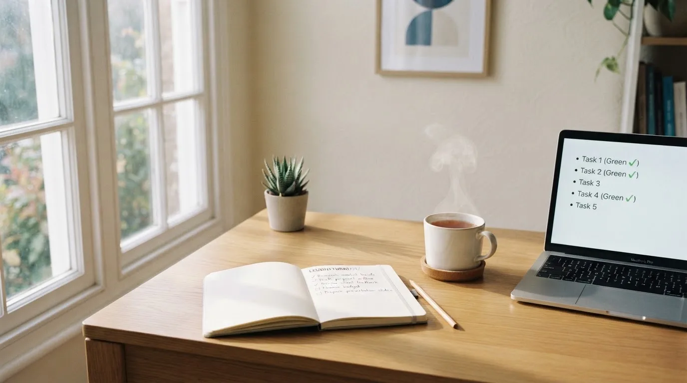 A tidy desk with a notebook, a mug of tea and a laptop open to a checklist, morning light through a window.