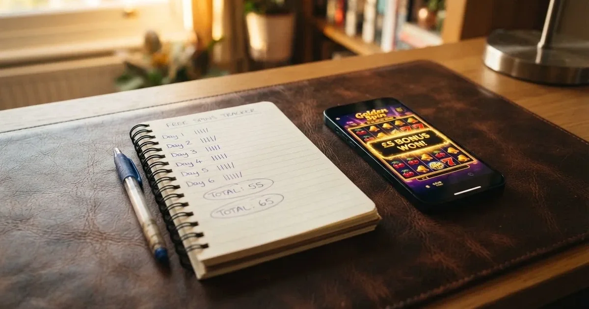 A notepad with a tally of spin counts rests beside a smartphone displaying a slot-reel icon on a desk.