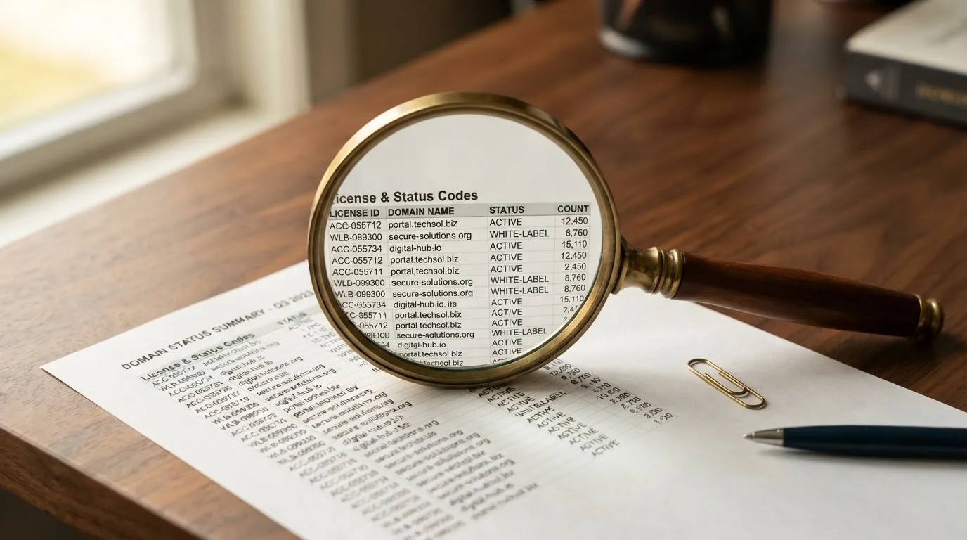 A magnifying glass rests over a printed regulatory certificate on a wooden desk.