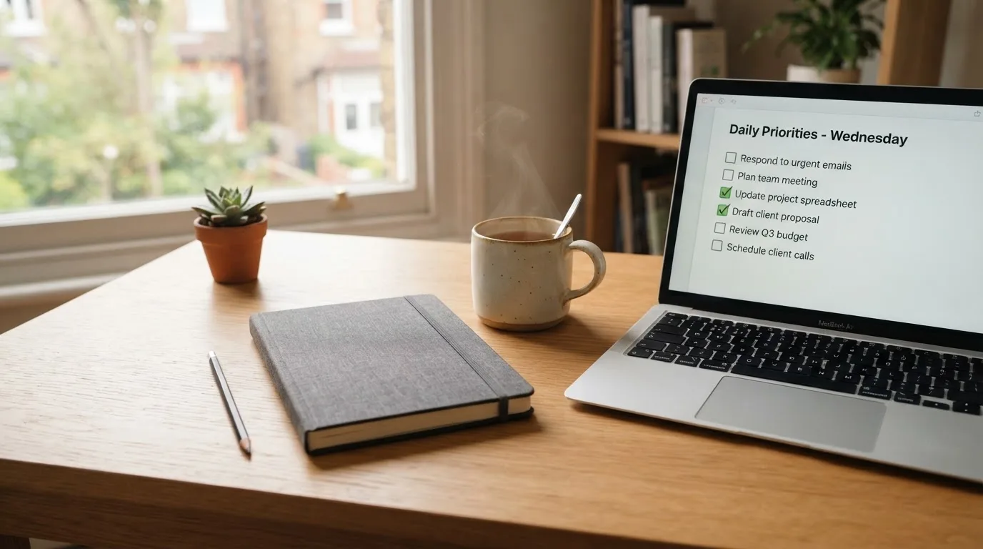 A tidy desk with a notebook, a mug of tea and a laptop open to a checklist, morning light through a window.