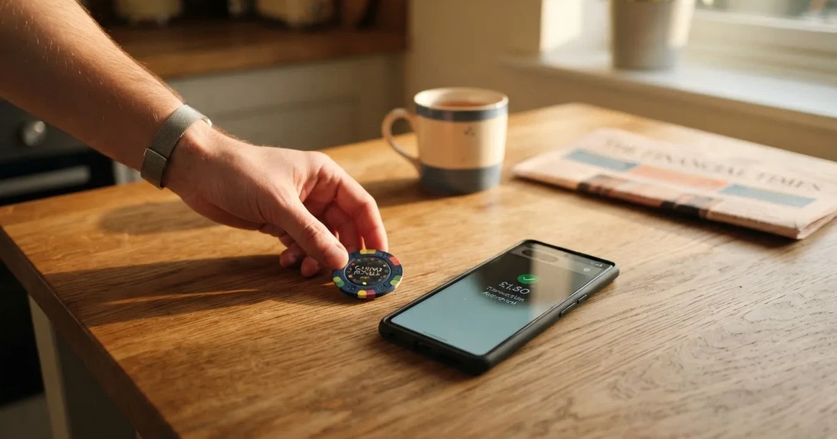 A hand places a £2 coin next to a smartphone showing a bank transfer confirmation screen on a kitchen table.