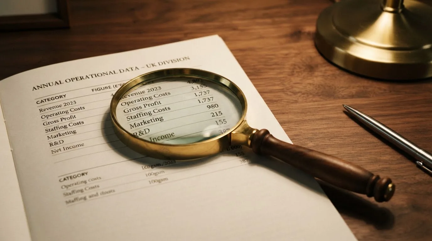 A magnifying glass rests over a printed regulatory certificate on a wooden desk.