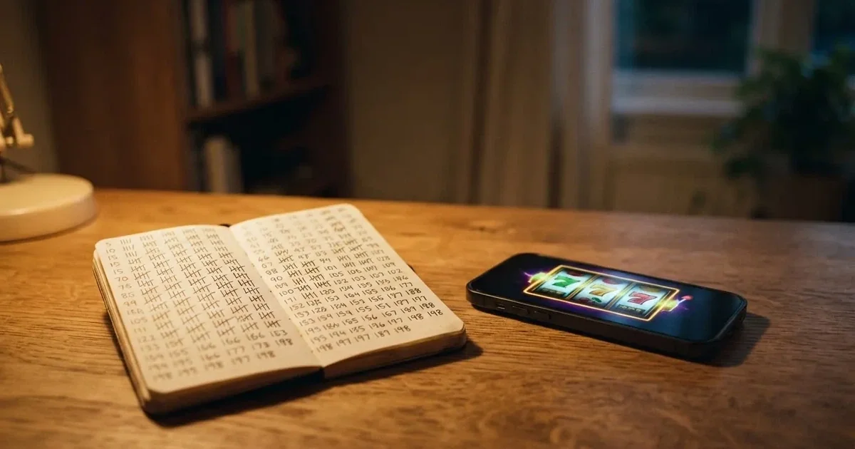 A notepad with a tally of spin counts rests beside a smartphone displaying a slot-reel icon on a desk.