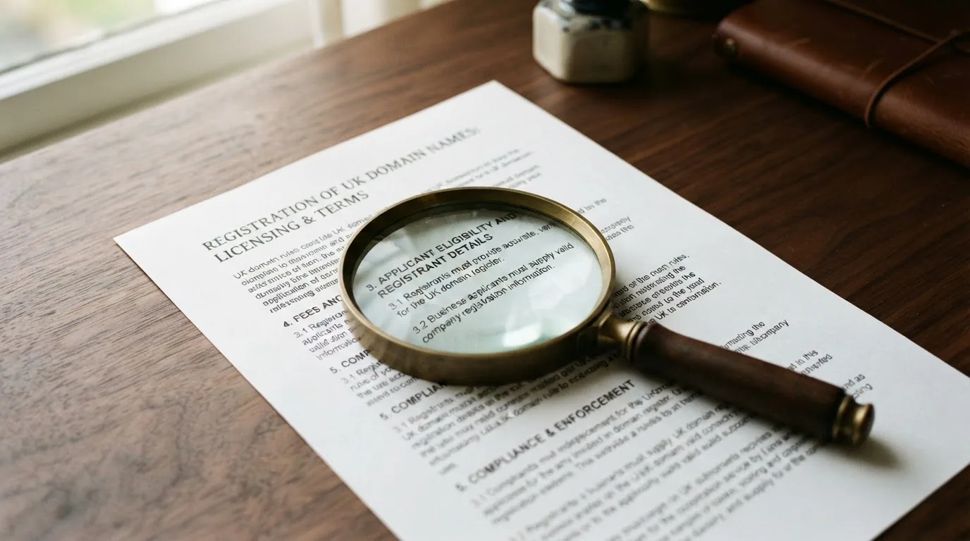 A magnifying glass rests over a printed regulatory certificate on a wooden desk.