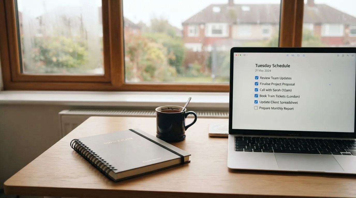 A tidy desk with a notebook, a mug of tea and a laptop open to a checklist, morning light through a window.
