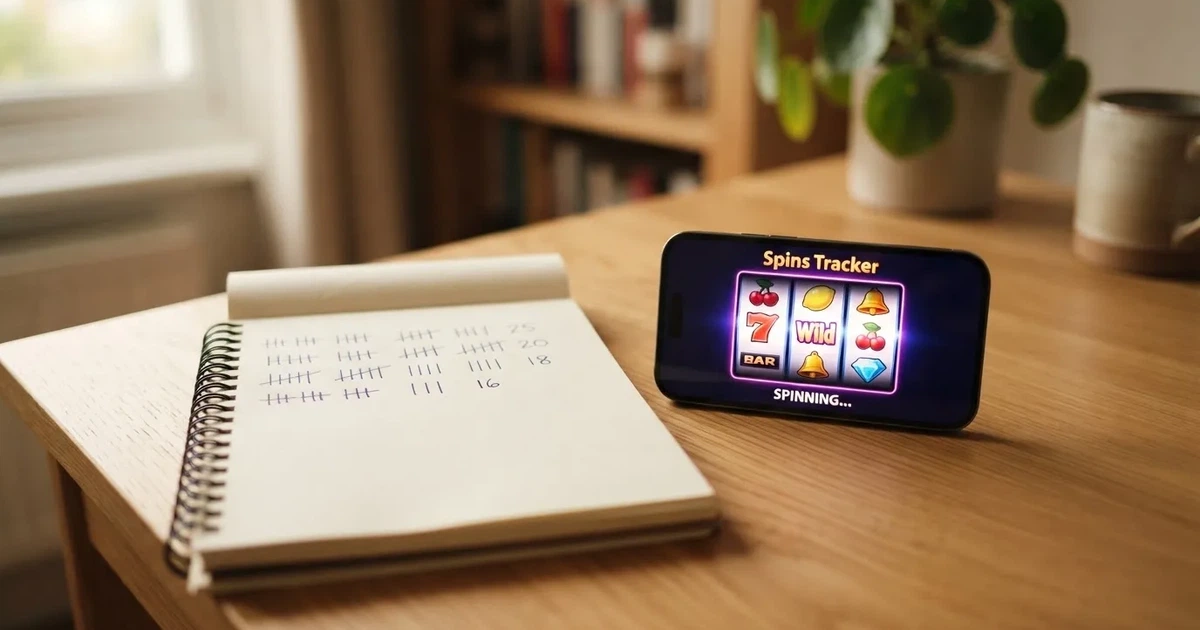 A notepad with a tally of spin counts rests beside a smartphone displaying a slot-reel icon on a desk.