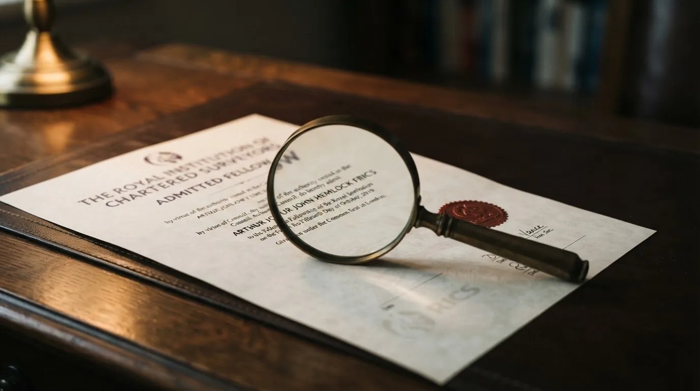 A magnifying glass rests over a printed regulatory certificate on a wooden desk.