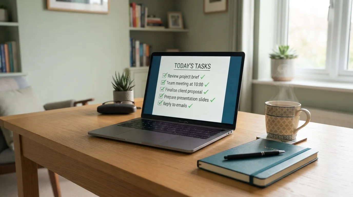 A tidy desk with a notebook, a mug of tea and a laptop open to a checklist, morning light through a window.