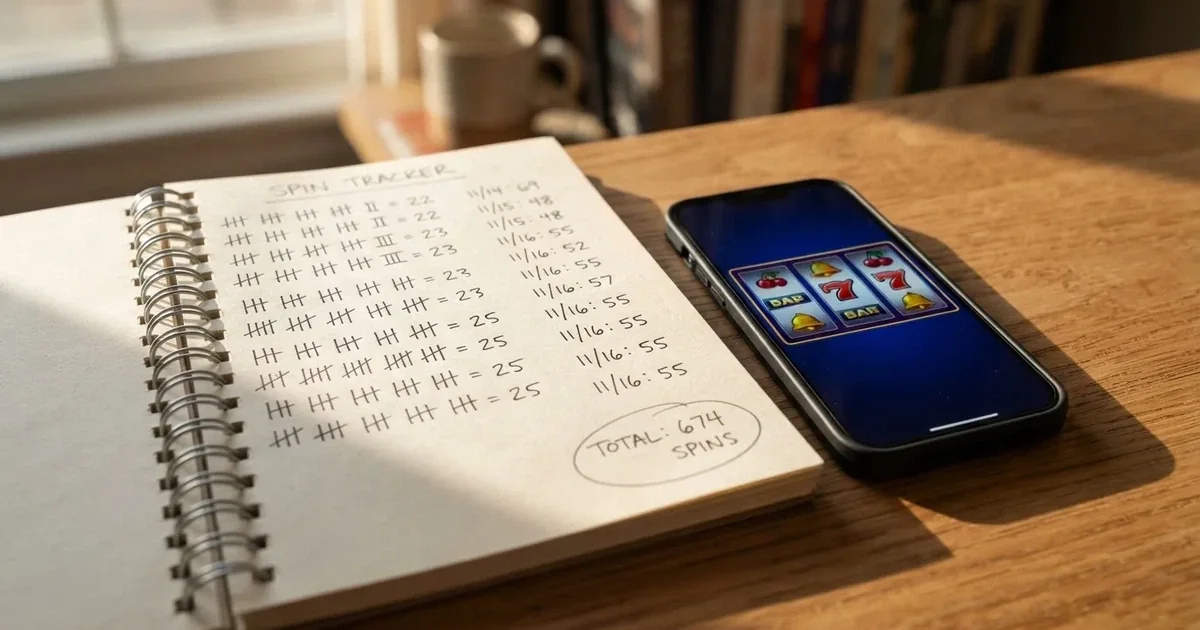 A notepad with a tally of spin counts rests beside a smartphone displaying a slot-reel icon on a desk.