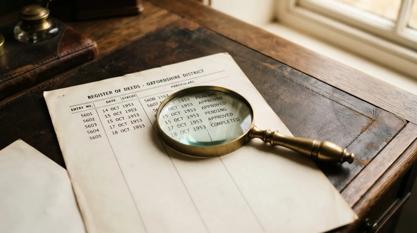 A magnifying glass rests over a printed regulatory certificate on a wooden desk.