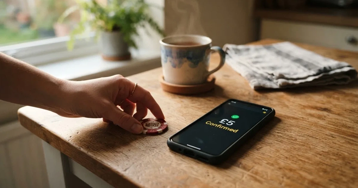 A hand places a £5 banknote next to a smartphone showing a bank transfer confirmation screen on a kitchen table.