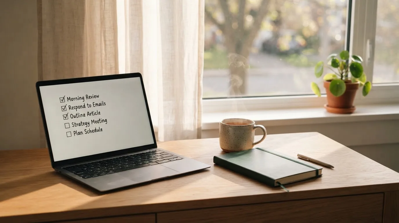 A tidy desk with a notebook, a mug of tea and a laptop open to a checklist, morning light through a window.