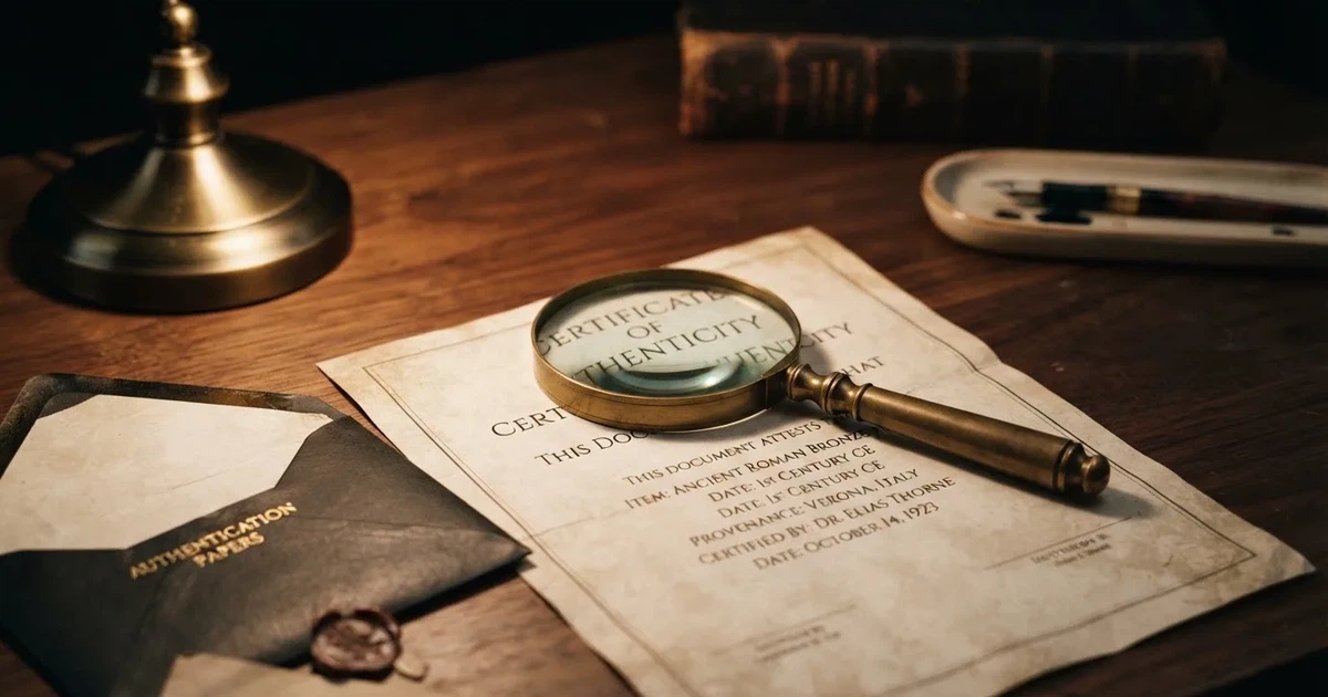 A magnifying glass rests over a printed offshore licence certificate on a wooden desk.