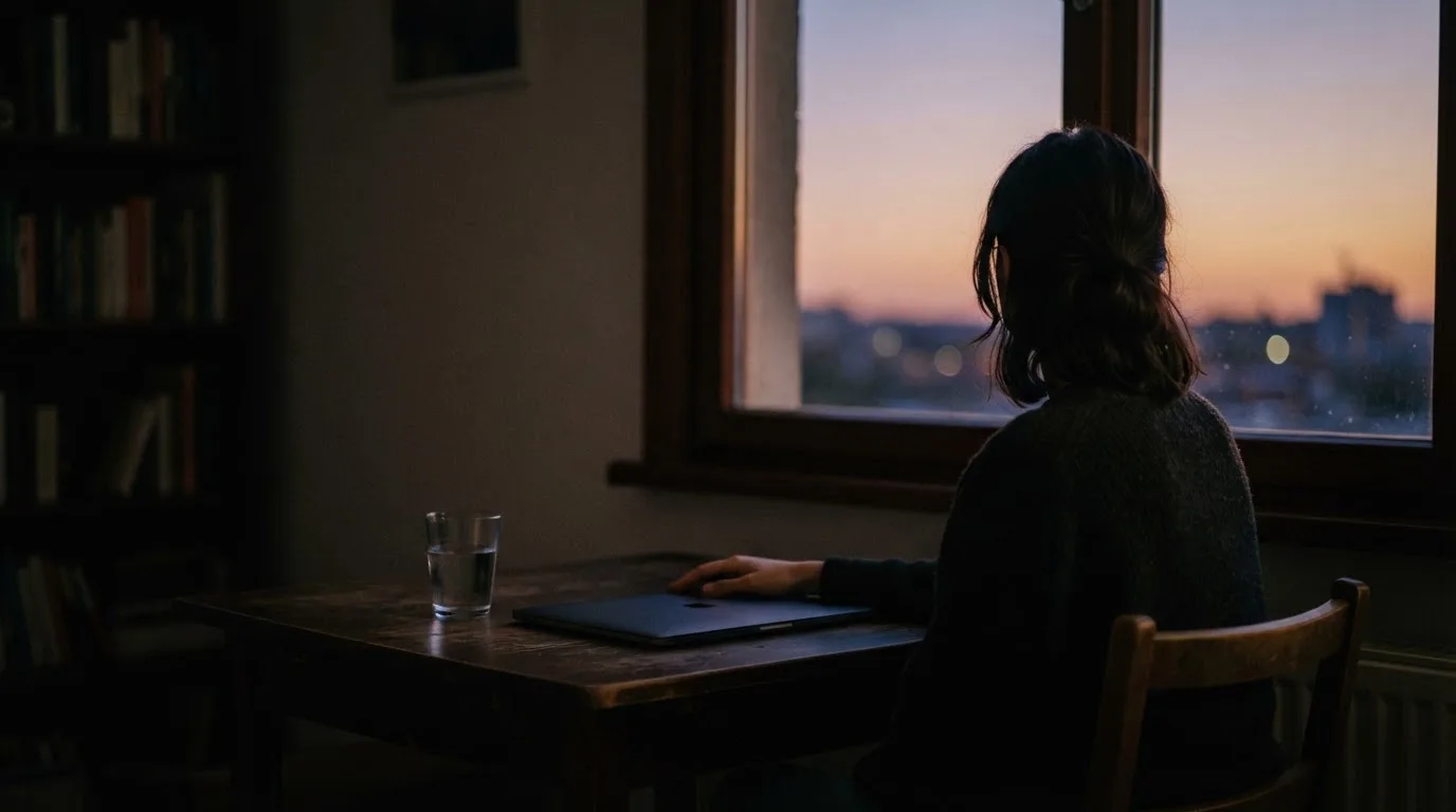 A person closes a laptop and looks out of a window at dusk, a glass of water on the table beside them.