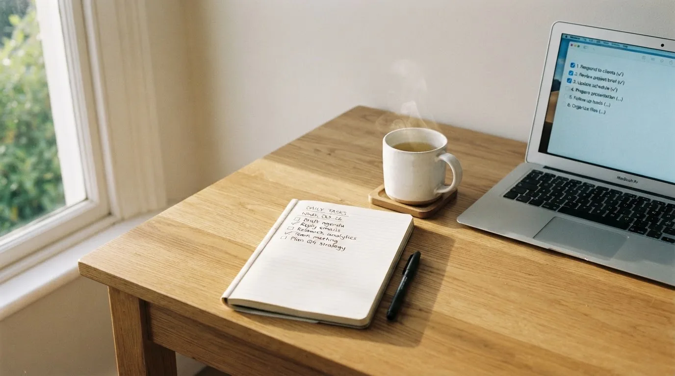 A tidy desk with a notebook, a mug of tea and a laptop open to a checklist, morning light through a window.