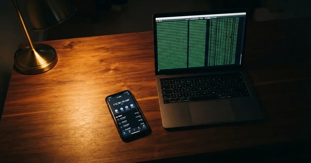 A smartphone displays a digital wallet balance next to a laptop showing scrolling transaction data in a dim room.
