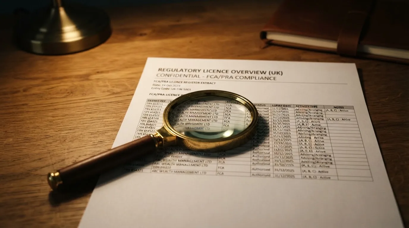 A magnifying glass rests over a printed regulatory certificate on a wooden desk.