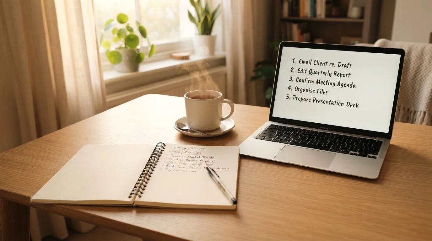 A tidy desk with a notebook, a mug of tea and a laptop open to a checklist, morning light through a window.