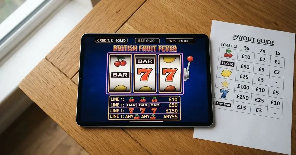 A tablet screen shows a simple three-reel slot layout with a payout chart beside it on a desk.