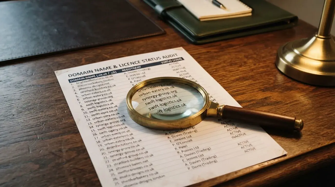 A magnifying glass rests over a printed regulatory certificate on a wooden desk.