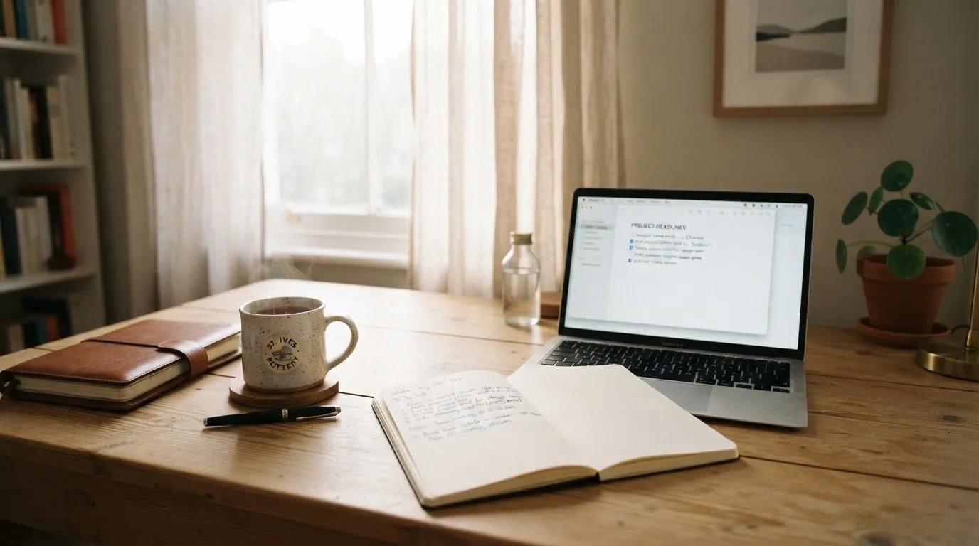 A tidy desk with a notebook, a mug of tea and a laptop open to a checklist, morning light through a window.