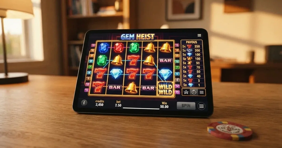 A tablet screen shows a five-reel slot grid with multiple paylines and a payout chart beside it on a desk.