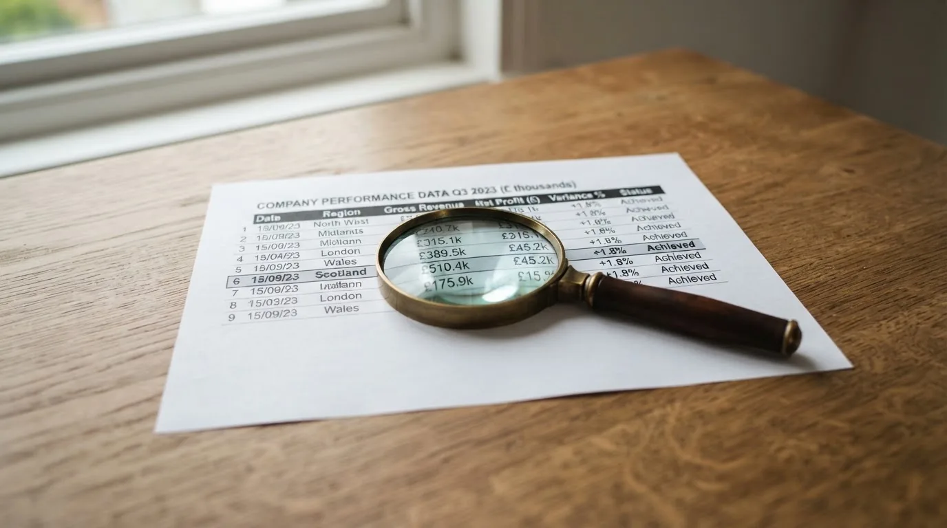 A magnifying glass rests over a printed regulatory certificate on a wooden desk.