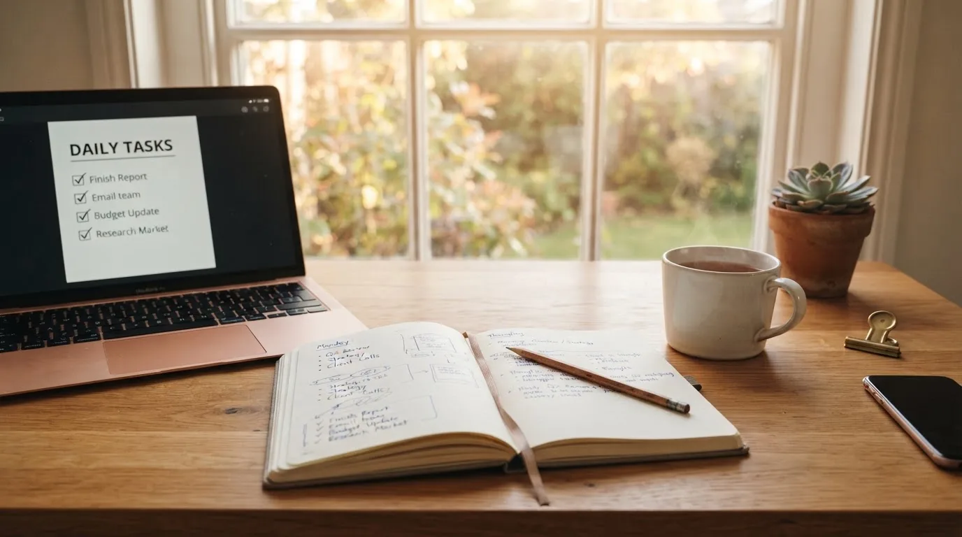 A tidy desk with a notebook, a mug of tea and a laptop open to a checklist, morning light through a window.