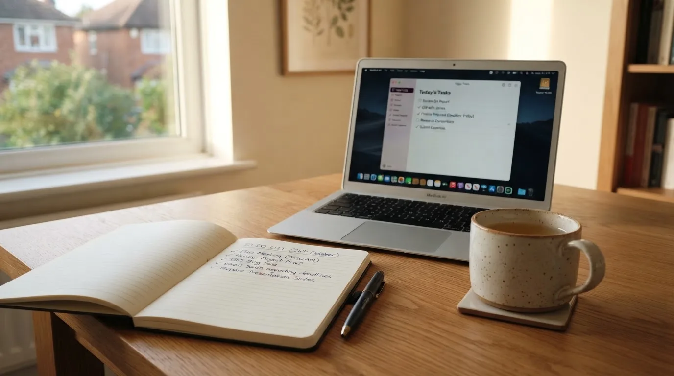 A tidy desk with a notebook, a mug of tea and a laptop open to a checklist, morning light through a window.