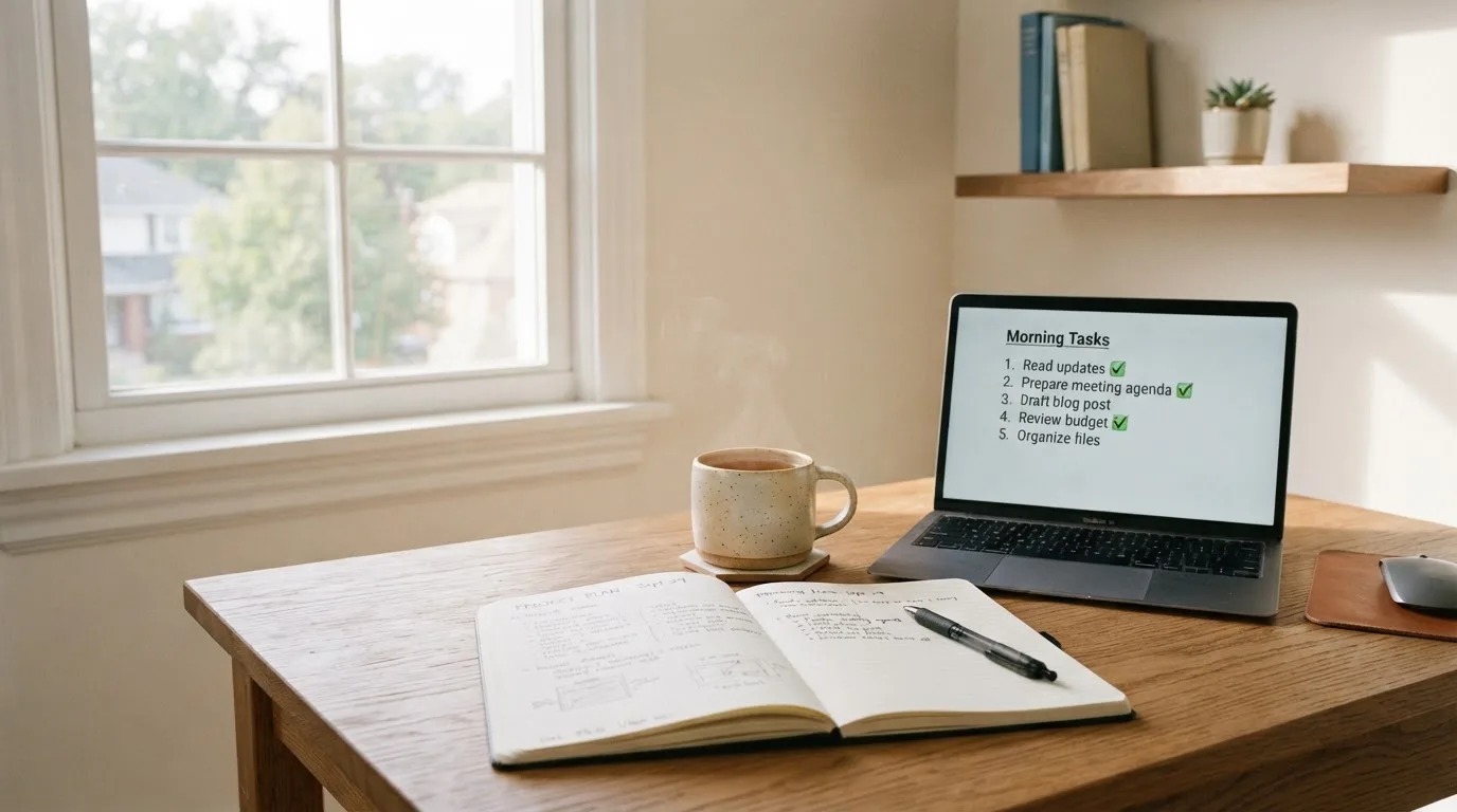 A tidy desk with a notebook, a mug of tea and a laptop open to a checklist, morning light through a window.