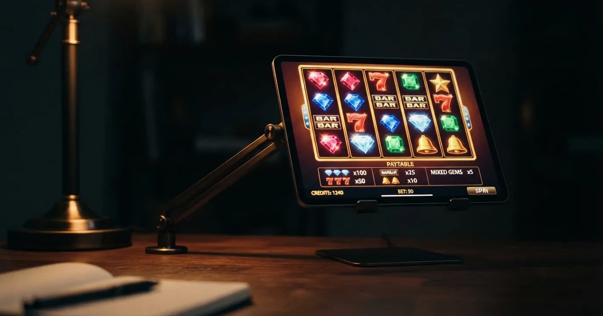 A tablet propped on a stand displays a grid of slot symbols and a payout chart in a dimly lit room.