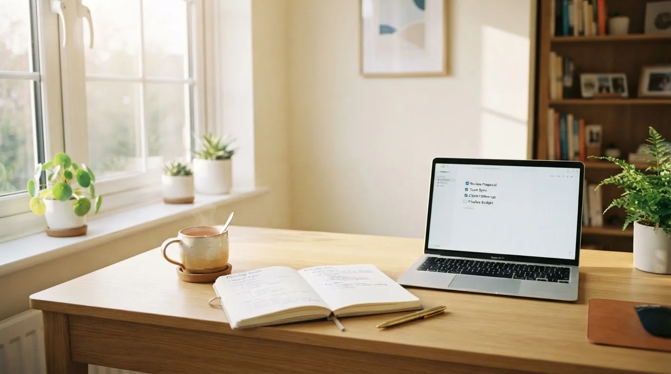A tidy desk with a notebook, a mug of tea and a laptop open to a checklist, morning light through a window.
