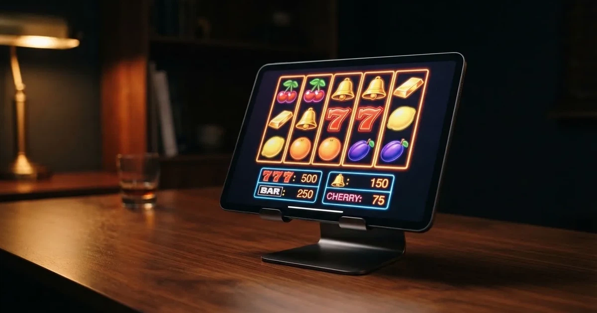 A tablet propped on a stand displays a grid of slot symbols and a payout chart in a dimly lit room.
