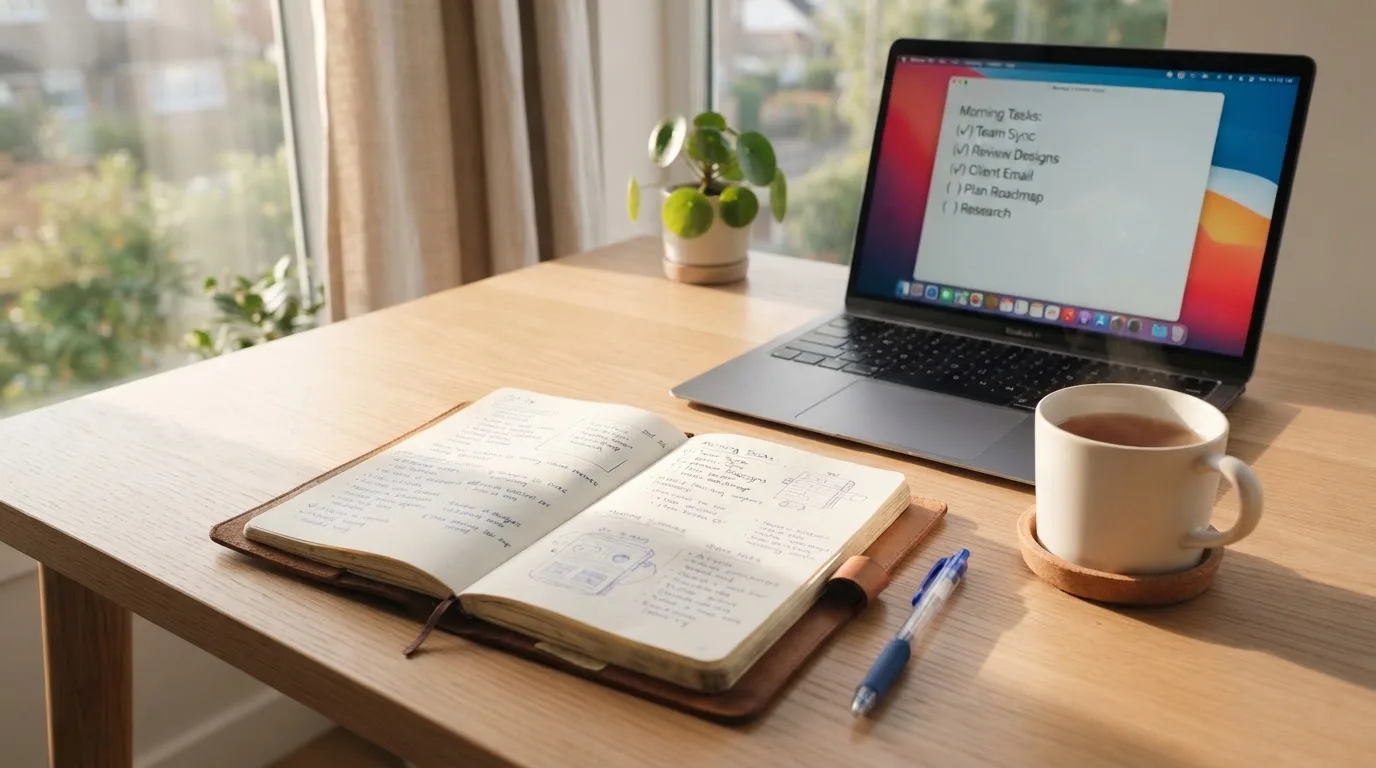 A tidy desk with a notebook, a mug of tea and a laptop open to a checklist, morning light through a window.