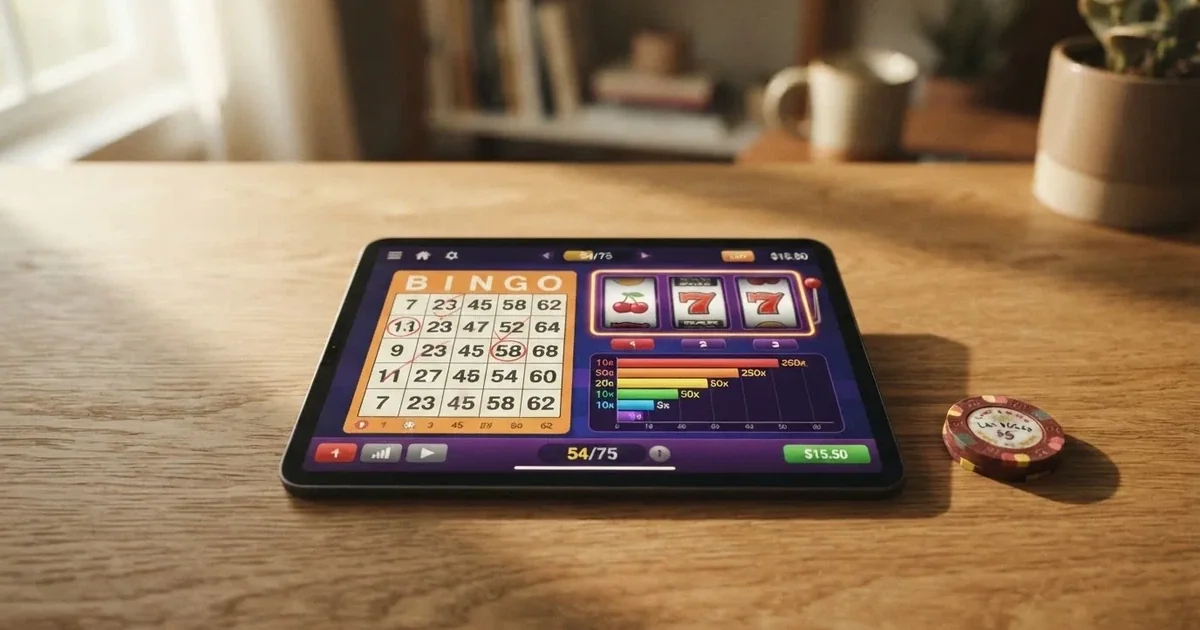 A tablet screen shows a bingo ticket beside a row of slot symbols and a payout chart on a desk.