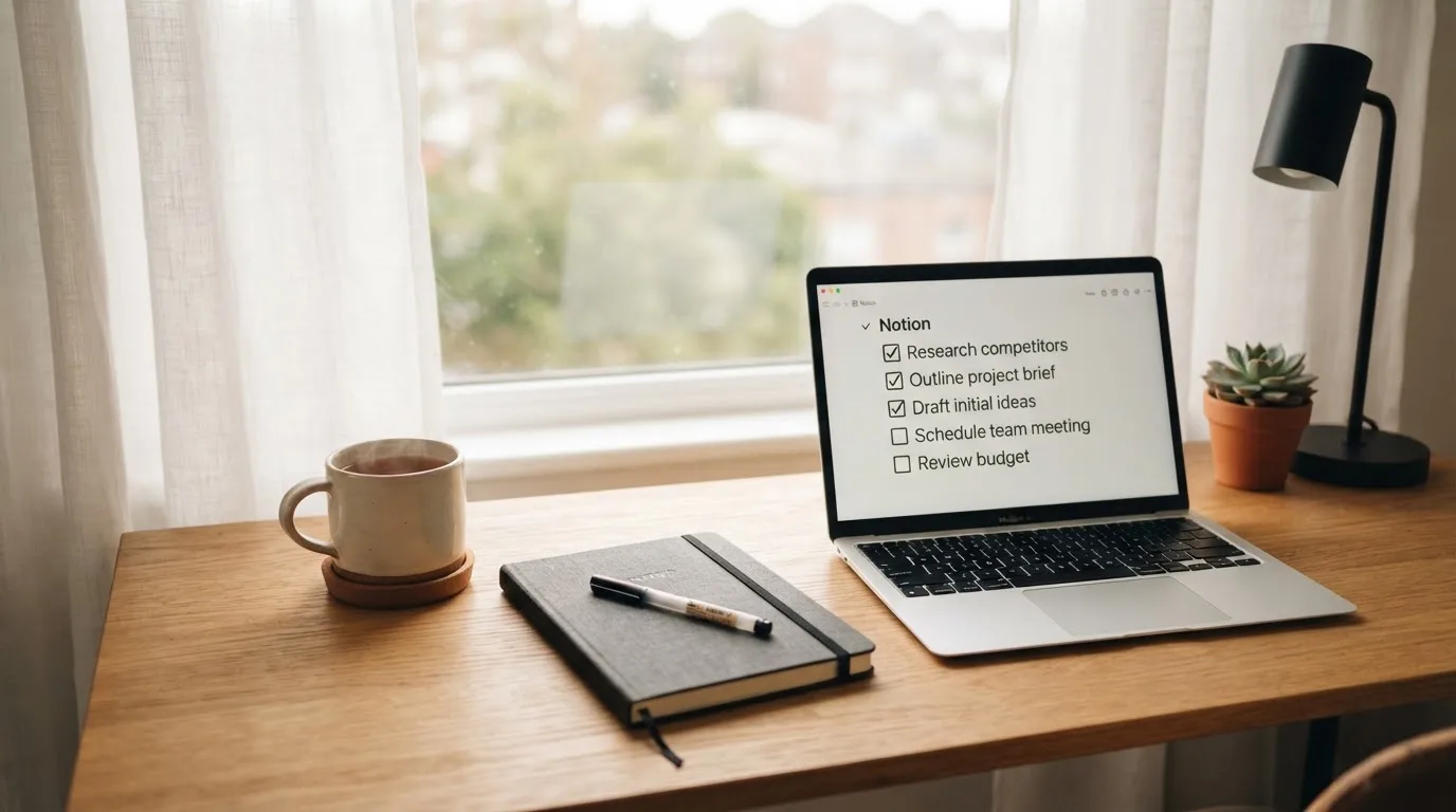 A tidy desk with a notebook, a mug of tea and a laptop open to a checklist, morning light through a window.
