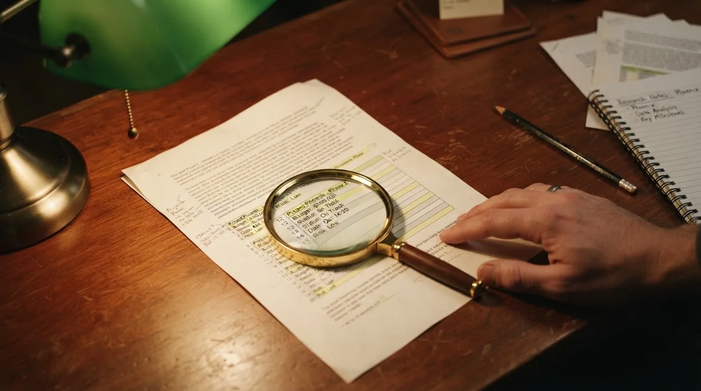 A magnifying glass rests over a printed regulatory certificate on a wooden desk.