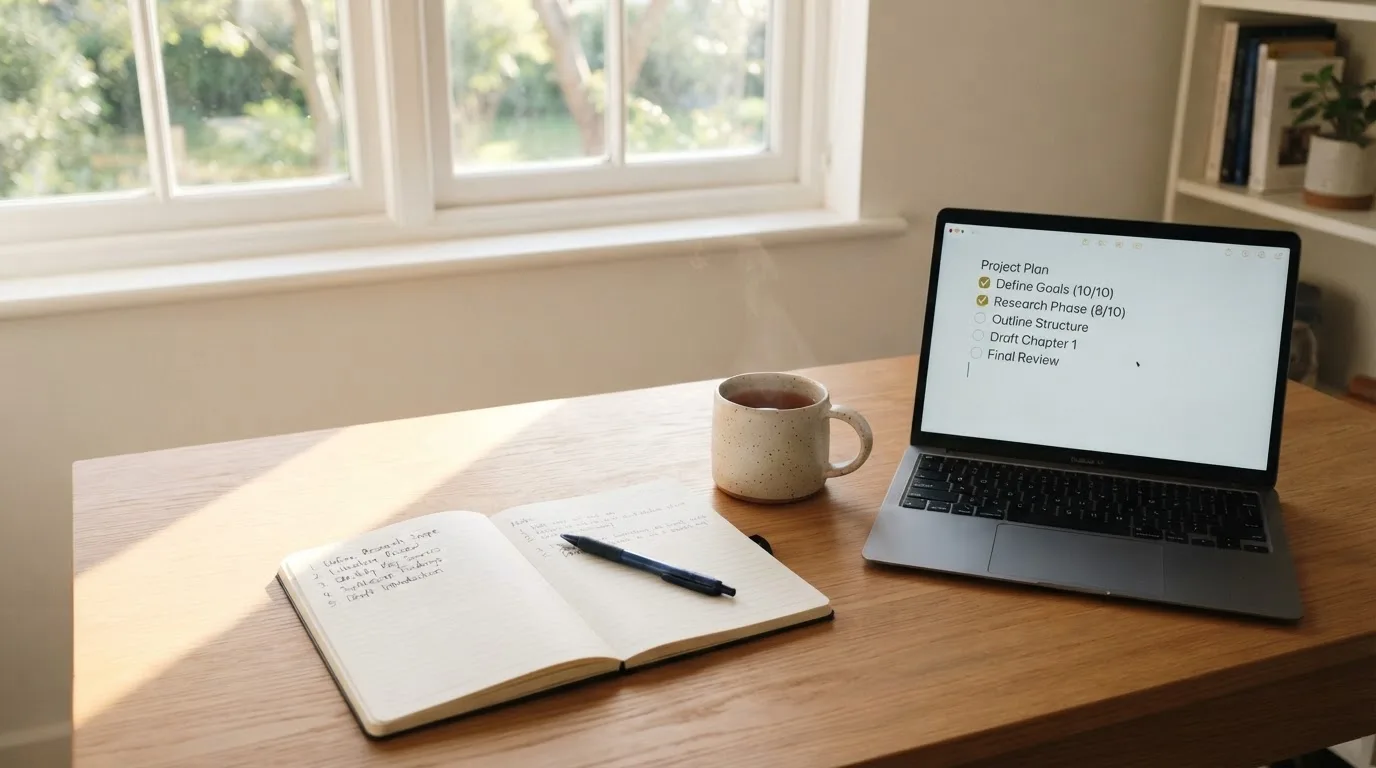 A tidy desk with a notebook, a mug of tea and a laptop open to a checklist, morning light through a window.