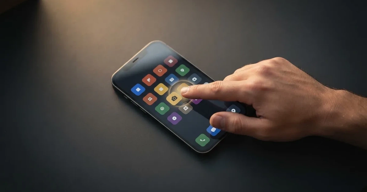 A close-up of a finger tapping a smartphone screen showing rows of app icons.