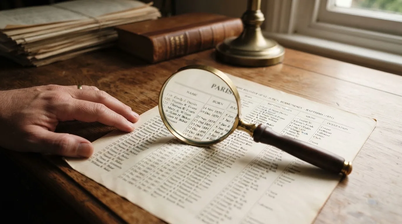 A magnifying glass rests over a printed regulatory certificate on a wooden desk.