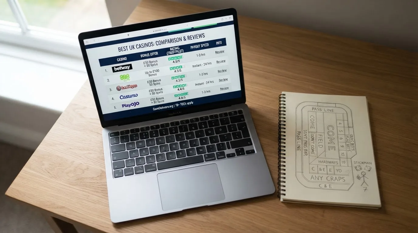 A laptop on a home desk showing a UK online casino comparison page open beside a notepad, with a craps table layout diagram on a laptop visible in a browser tab list