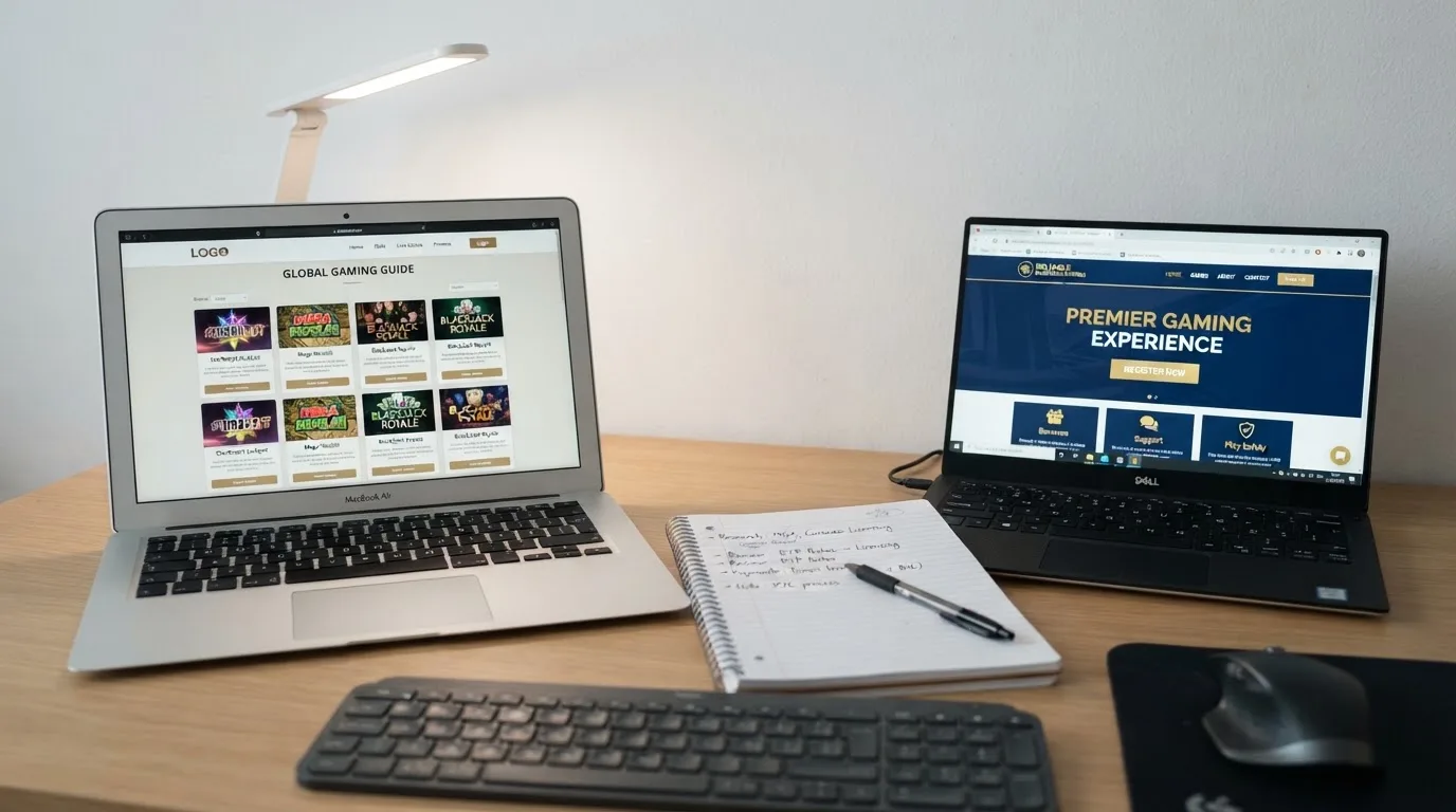 A laptop on a home desk showing a UK online casino comparison page open beside a notepad, with a laptop showing a foreign-registered website's homepage visible in a browser tab list