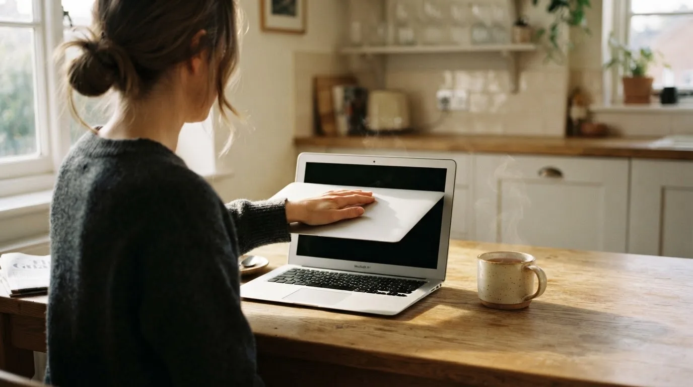 A person closing a laptop beside a cup of tea